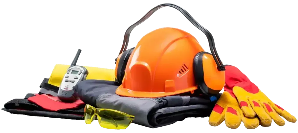 PPE set including a safety helmet, earmuffs, safety glasses, gloves, and a gas detector
