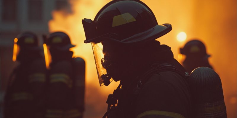 Silhouette,Of,Firefighters,,After,Extinguishing,The,Fire,,Carrying,Out,Fire